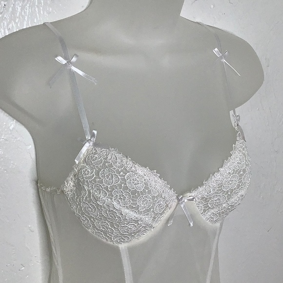 VGT Escante Sheer Nylon babydoll shapewear White bodysuit with gathers SZ S EUC - Picture 2 of 16